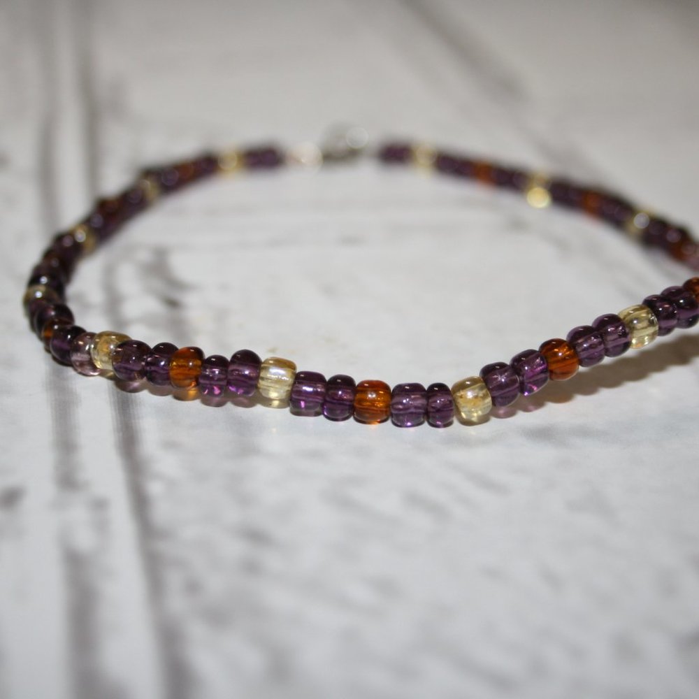 Beautiful purple and yellow glass beaded ankle bracelet 10"